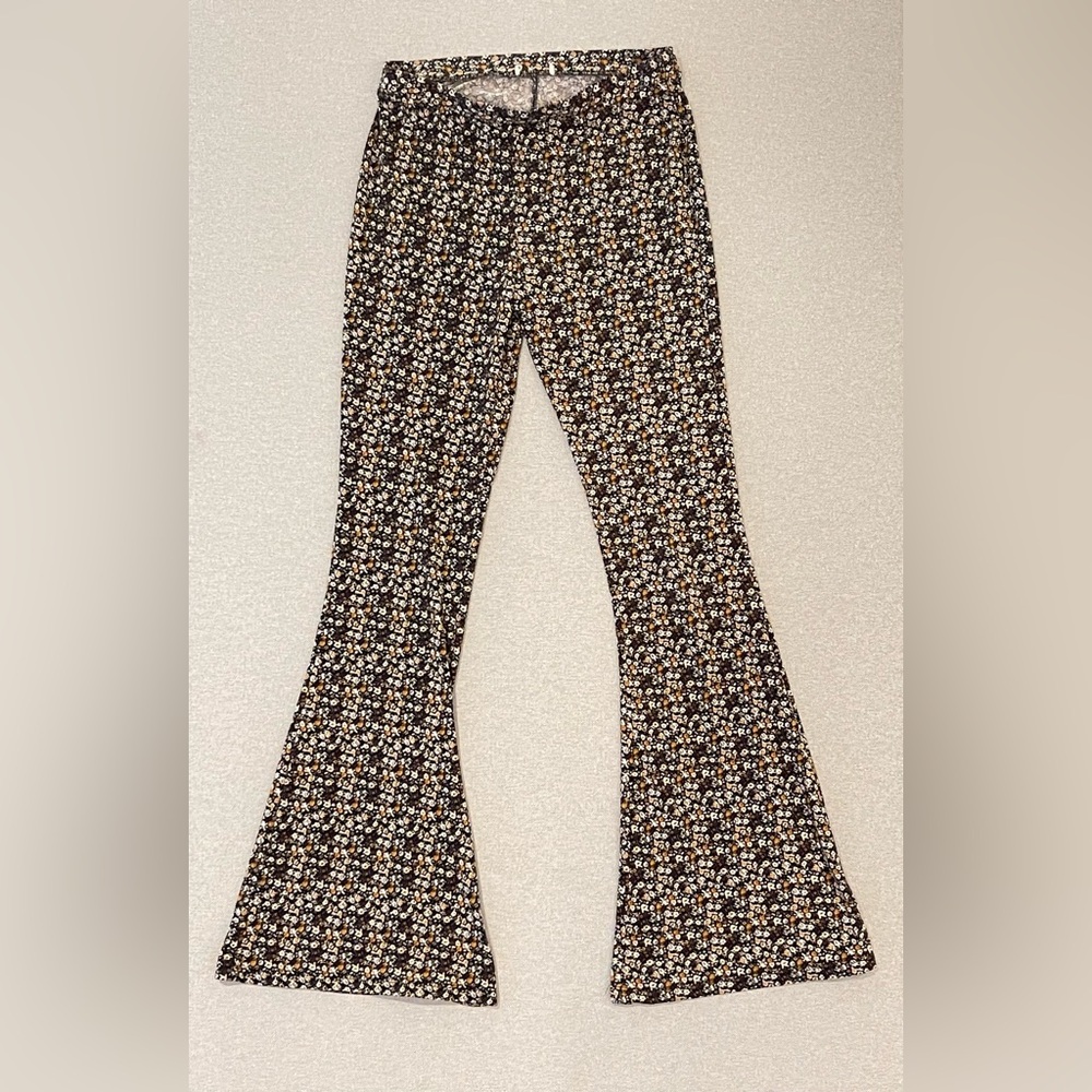 Vintage Flare Pants Brown Boho Y2K Bell Bottom‎ Stretch High Rise Ditsy Print
